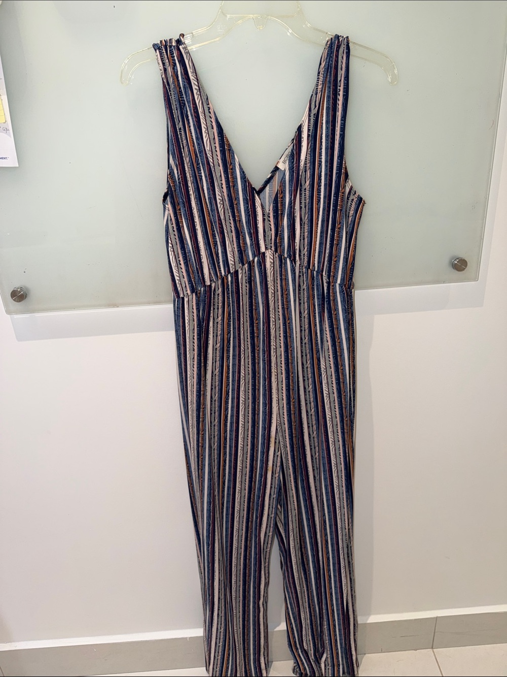 BCBGeneration Striped V-Neck Sleeveless Jumpsuit in Navy, Tan & White